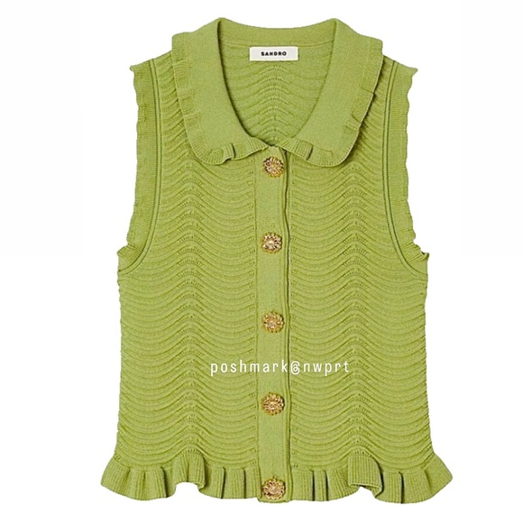 SANDRO 🌻 Lina Knit Ruffle Tank Top Blouse Gold Button Down Olive Green XS 0 1 - Picture 3 of 12